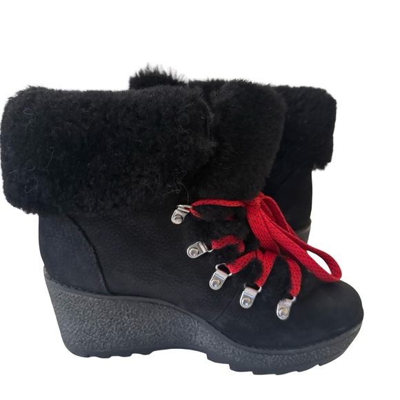 J Crew Womens boots Black nubuck leather Nordic wedge ankle lace faux fur SZ 8 - Picture 3 of 6
